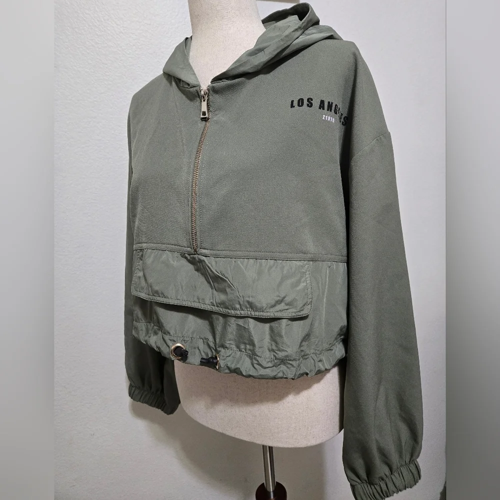 ZARA Olive Green Los Angeles Hoodie Half Zip Cropped Pullover Size Large - Picture 7 of 16